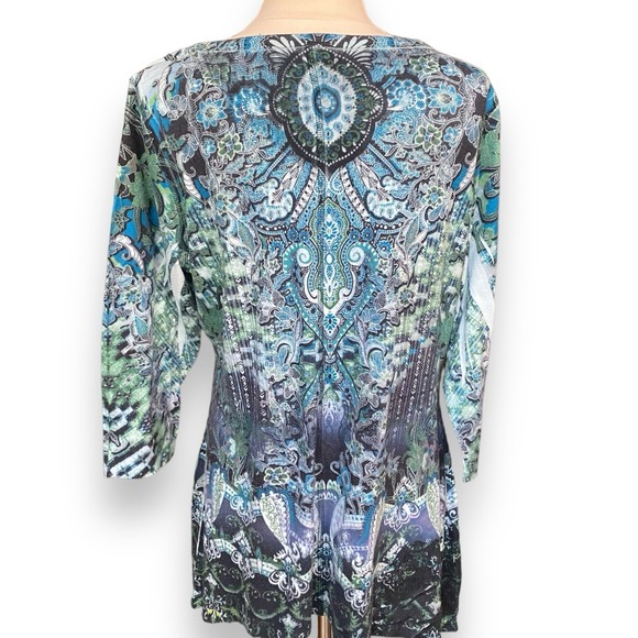 World Unity XXL 2XL Top Shirt Tunic Blue‎ V-Neck 3/4 Sleeve Beaded Stretch - Picture 5 of 7